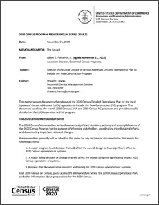 Release of the Local Update of Census Addresses Detailed Operational Plan to include the New Construction Program