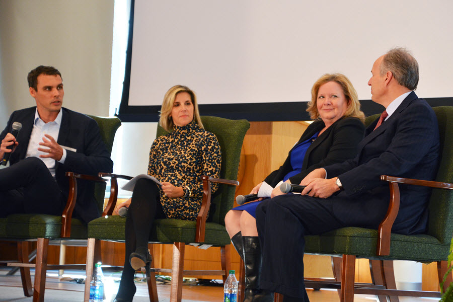Zach Whitman (Census Bureau) leads a Fireside Chat with innovators Jennifer Bell-Ellwanger, (Department of Education),  Margie Graves, acting Chief Information Officer of the United States (Office of Management and Budget), and Dave Lebryk, Fiscal Assistant Secretary ((Treasury Department).