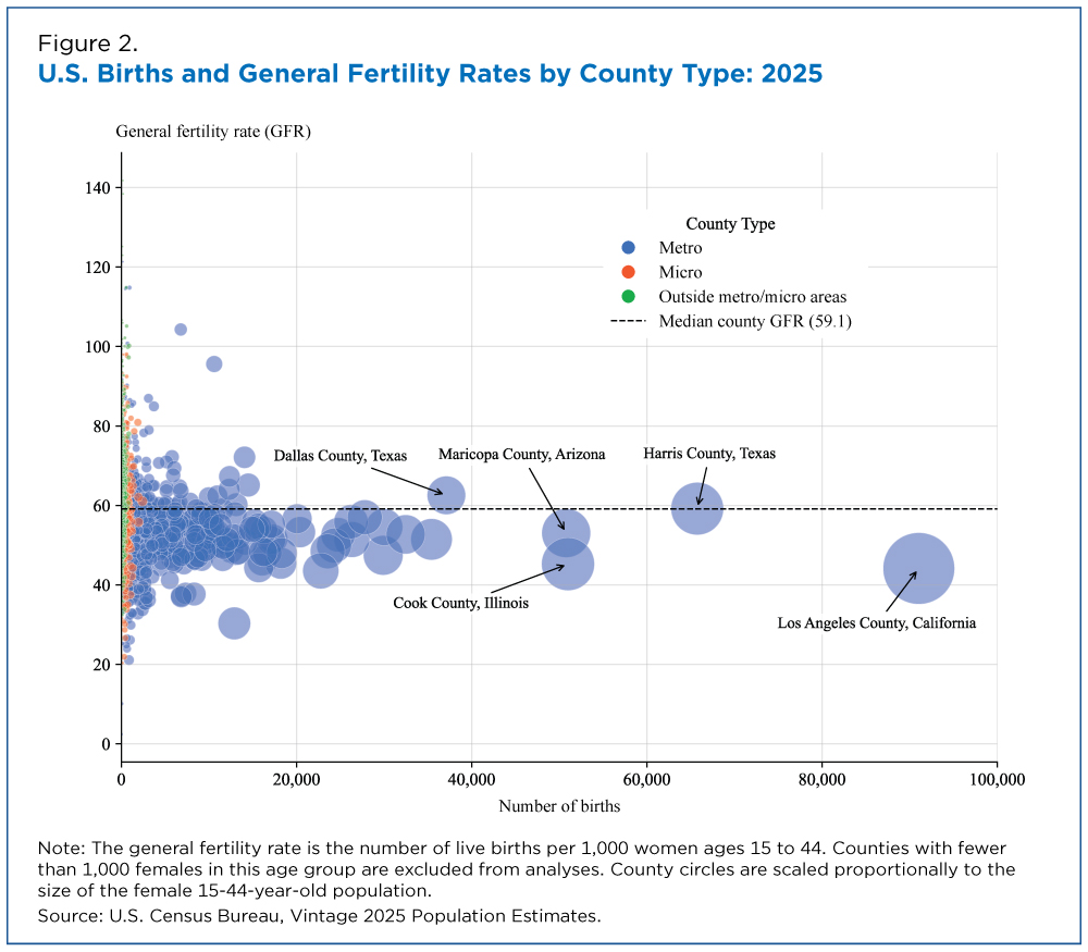 Figure 2. U.S. Births and General Fertility Rates by County Type: 2025