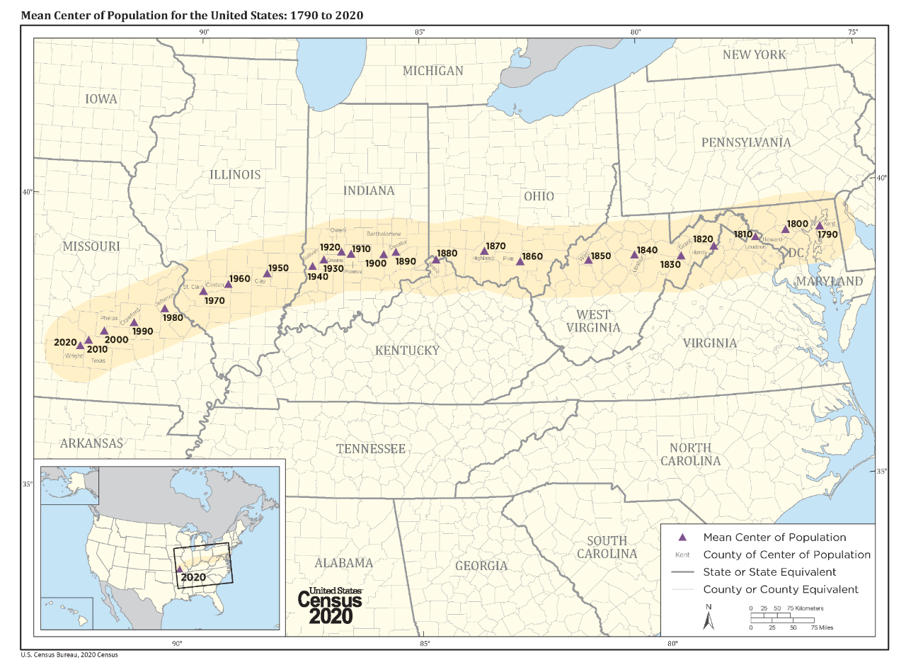 Mean Center of Population for the United Stares: 1790 to 2020