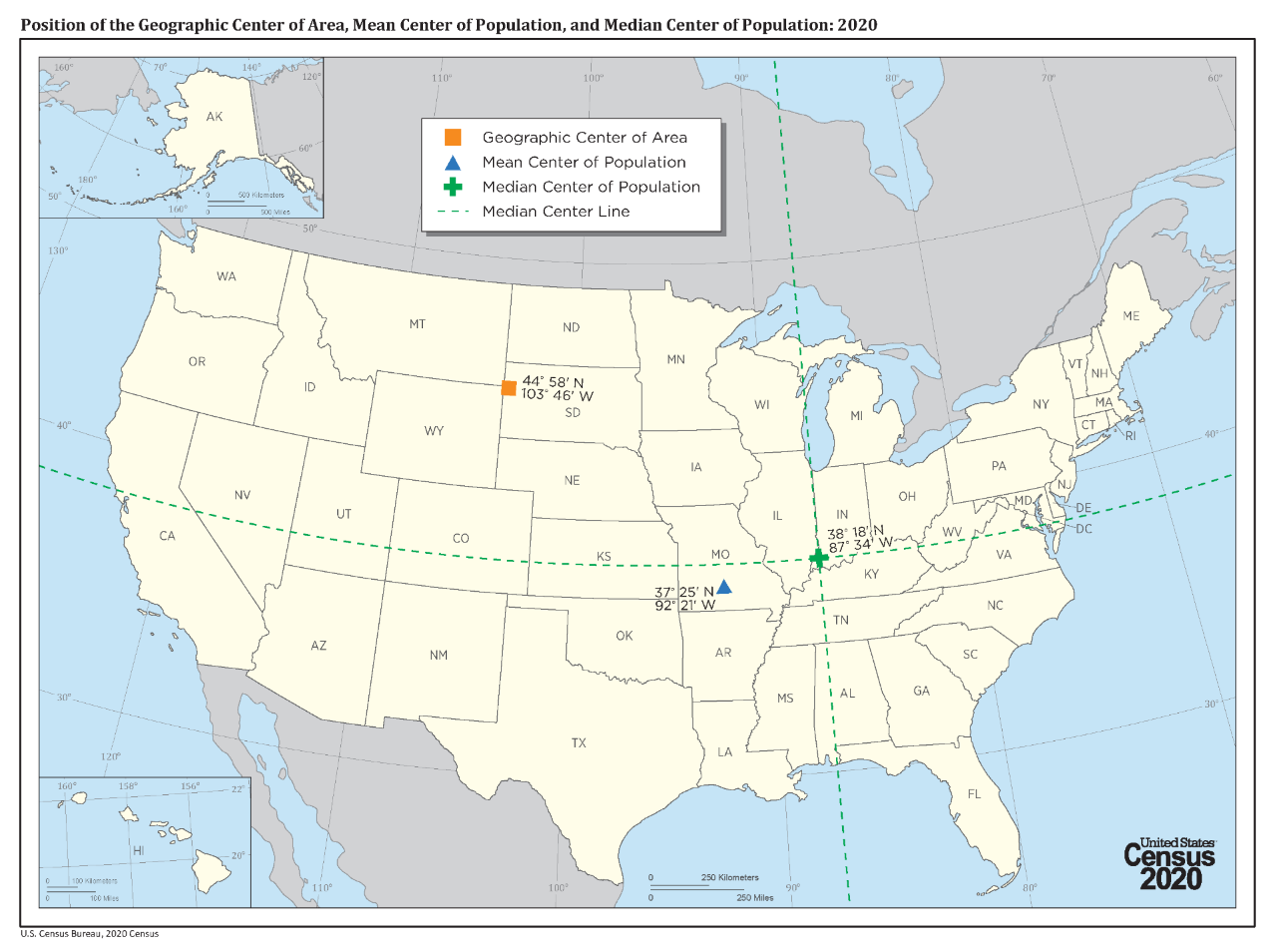 Position of the Geographic Center of Area, Mean Center of Population, and Median Center of Population: 2020