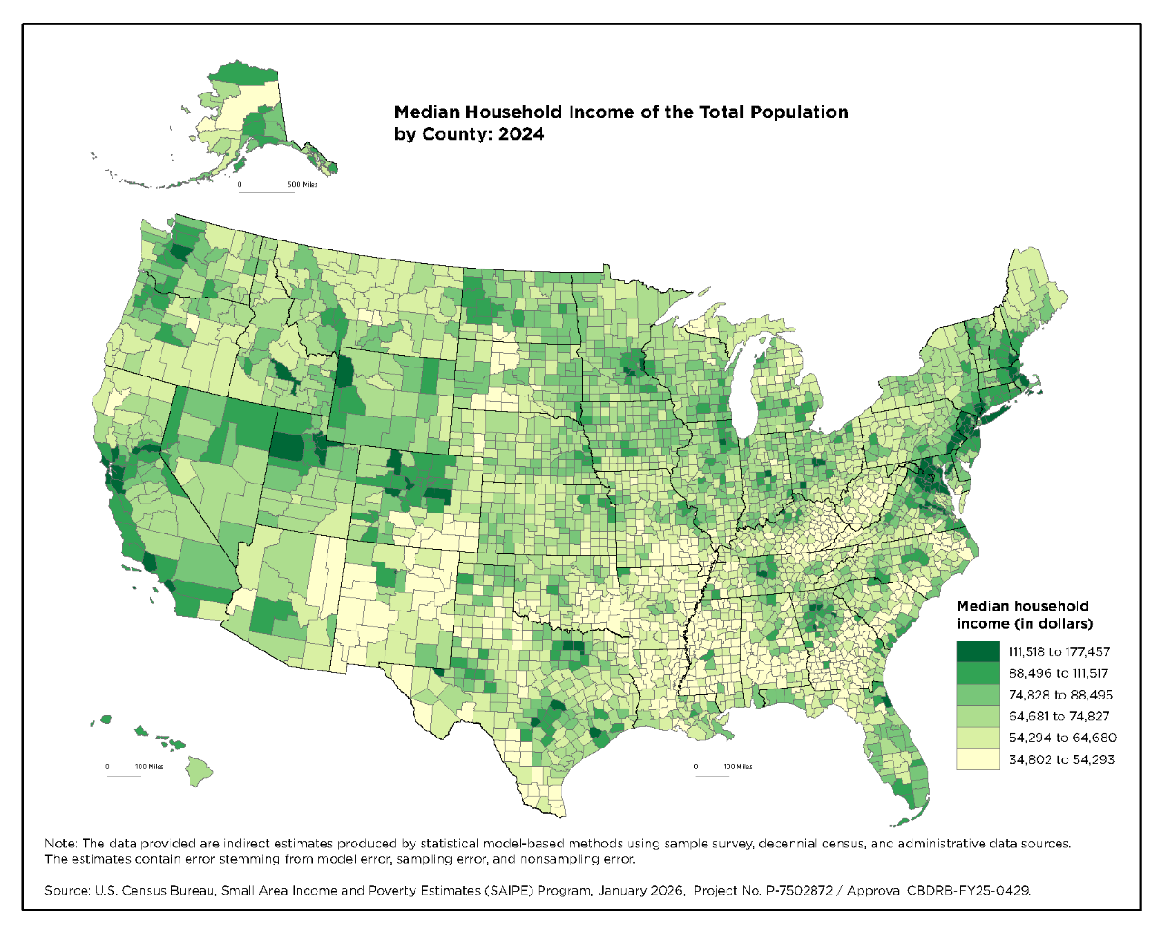 Median Household Income of the Total Population by County: 2024