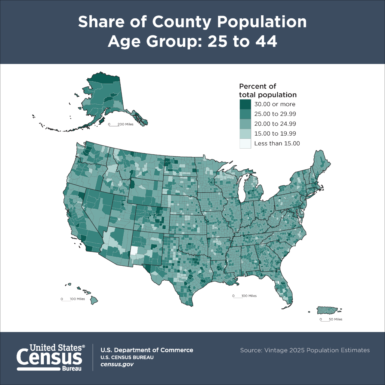Share of County Population by Age Group: 25 to 44